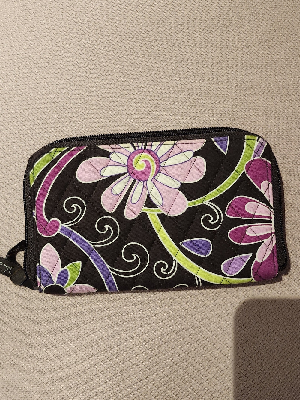 Vera Bradley Floral Quilted Zip Wallet - Brown with Pink & Green Accents